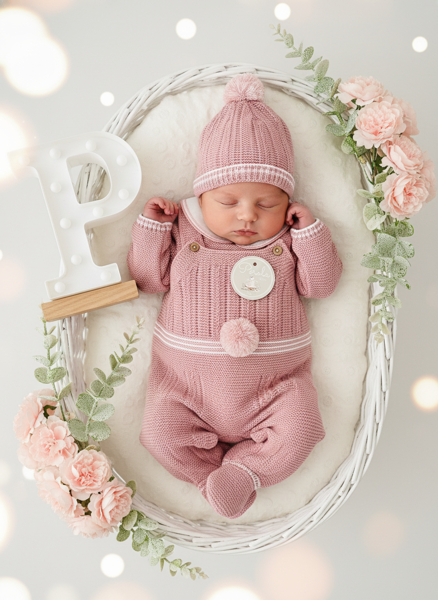 Conjunto Pompom rosa velho: jardineiras, camisola e gorro