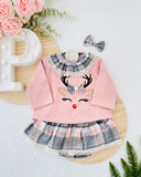 Conjunto Renas rosa : gancho, camisola e saia/tapa fraldas