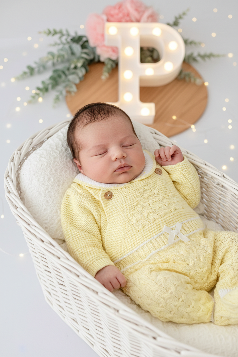 Pack saída de maternidade AMARELO 5 peças: body, calças, jardineiras, camisola e gorro