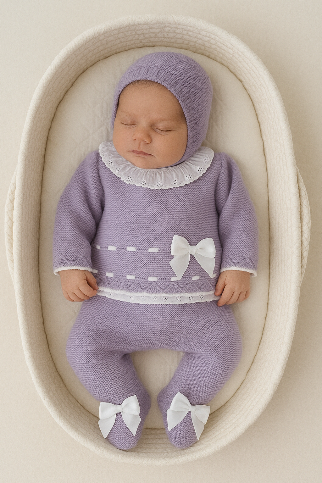 Conjunto rendinha lilás: camisola, calças e touca