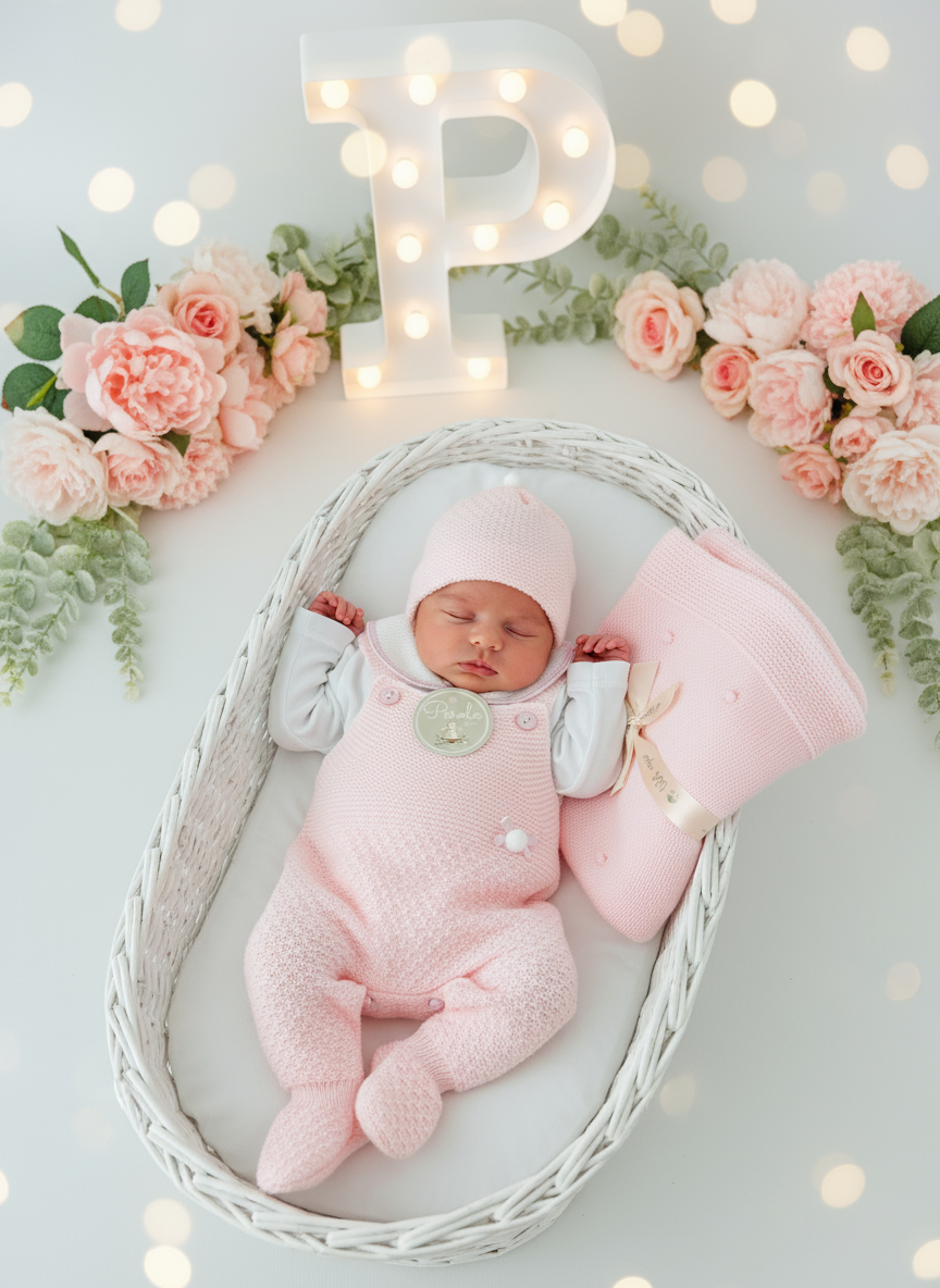 Pack saída de maternidade rosa 4 peças: Manta, jardineiras, camisola e gorro