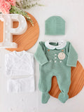 Pack saída de maternidade verde 5 peças: body, calças, jardineiras, camisola e gorro