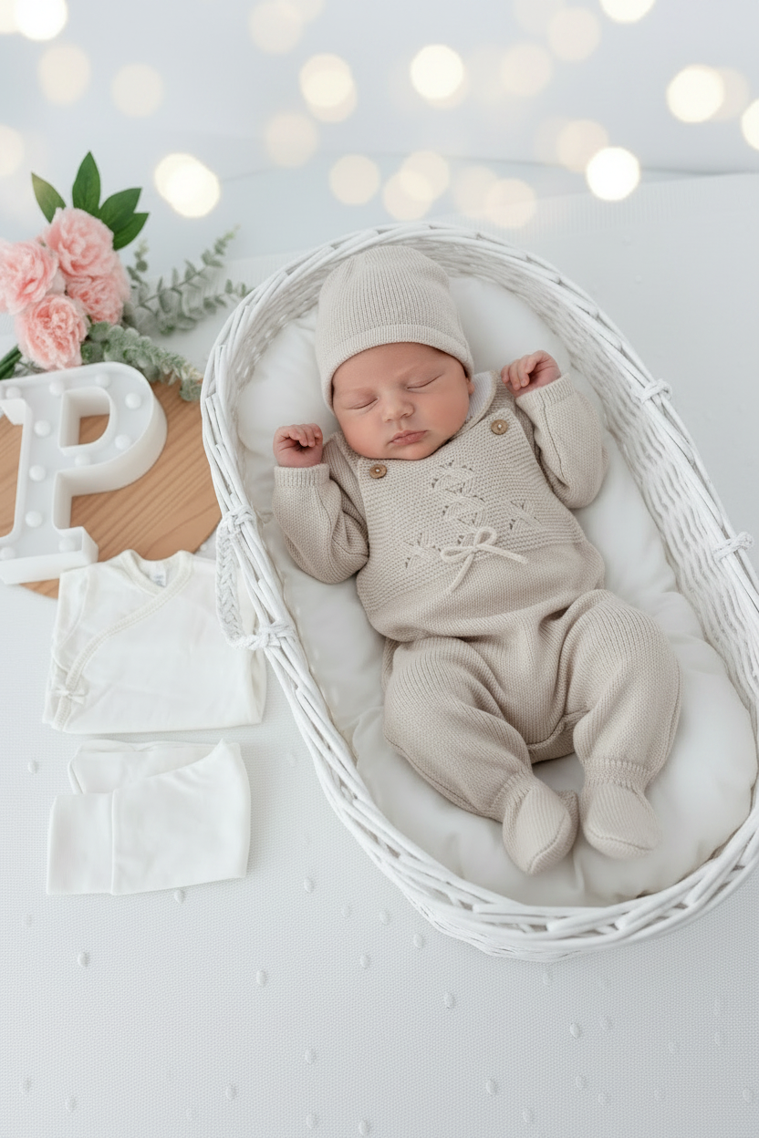 Pack saída de maternidade Bege 5 peças: body, calças, jardineiras, camisola e gorro