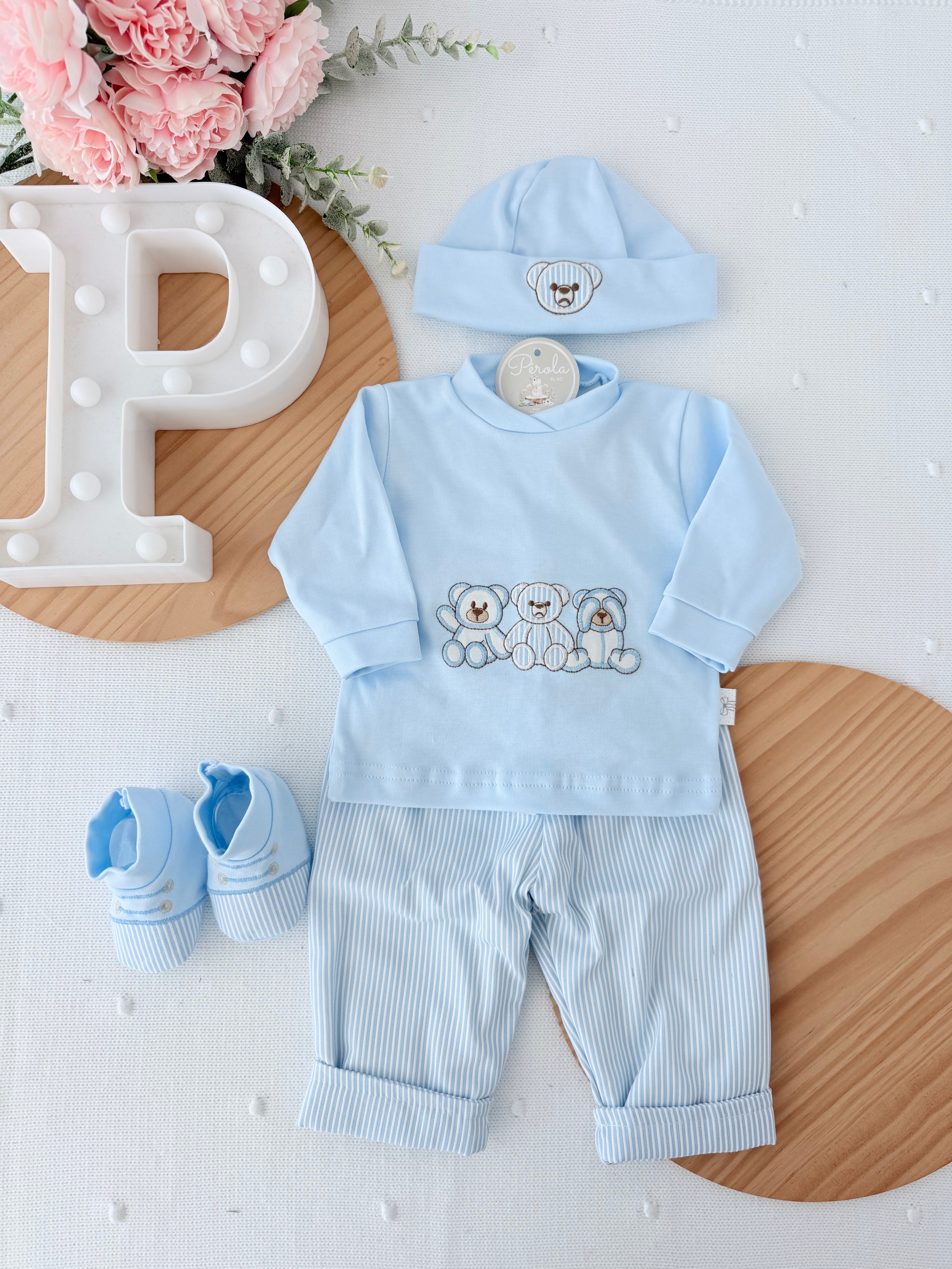 Conjunto algodão menino 4 peças : calças, camisola, carapins e gorro