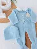 Saídas de maternidade: jardineiras, camisola e gorro outono inverno