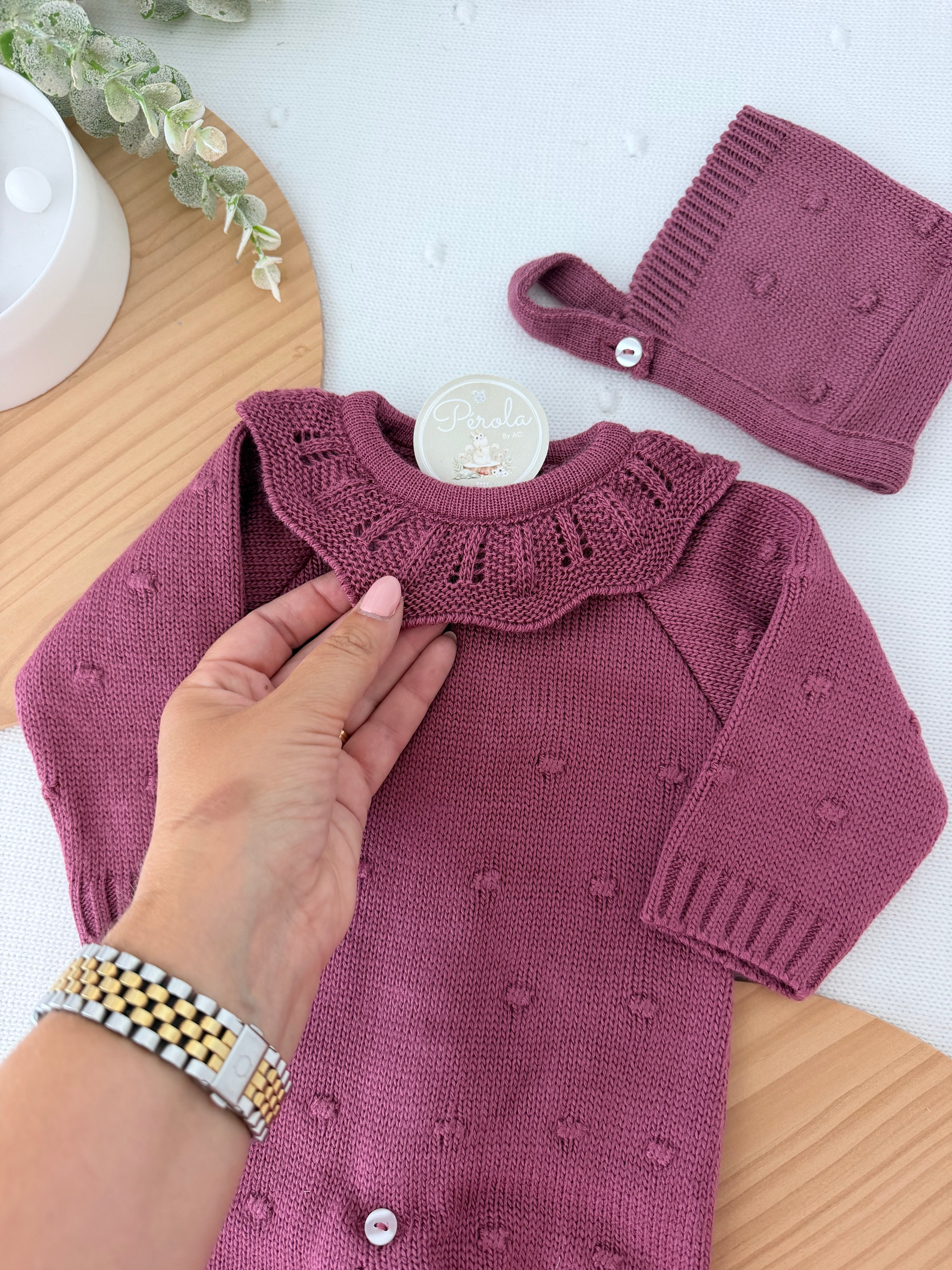 Babygrow e touca Berinjela em malha Outono Inverno
