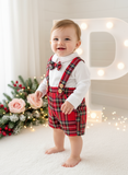 Conjunto xadrez vermelho menino Natal: calções, camisa em flanela e laço xadrez