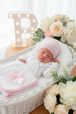 Pack 3 peças Branco/ROSA: Babygrow, gorro malha e fralda