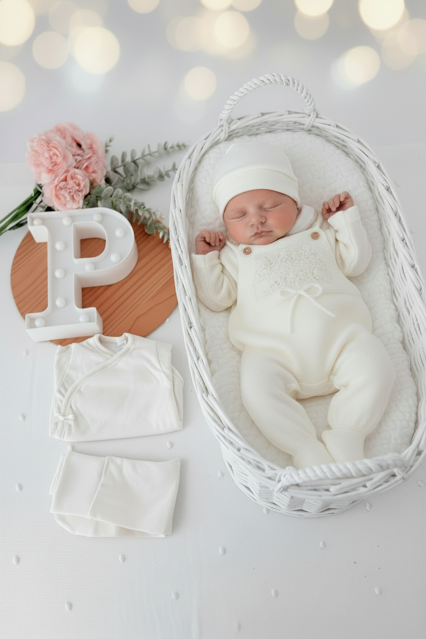 Pack saída de maternidade Pérola 5 peças: body, calças, jardineiras, camisola e gorro
