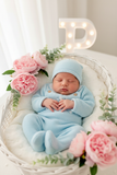 Pack saída de maternidade Azul 5 peças: body, calças, jardineiras, camisola e gorro