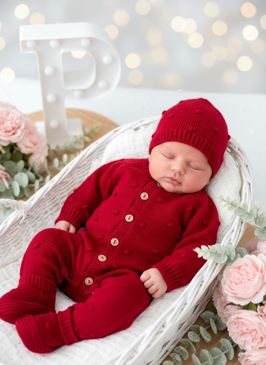 Conjunto bolinhas VERMELHO: macacão, gorro e carapins de malha