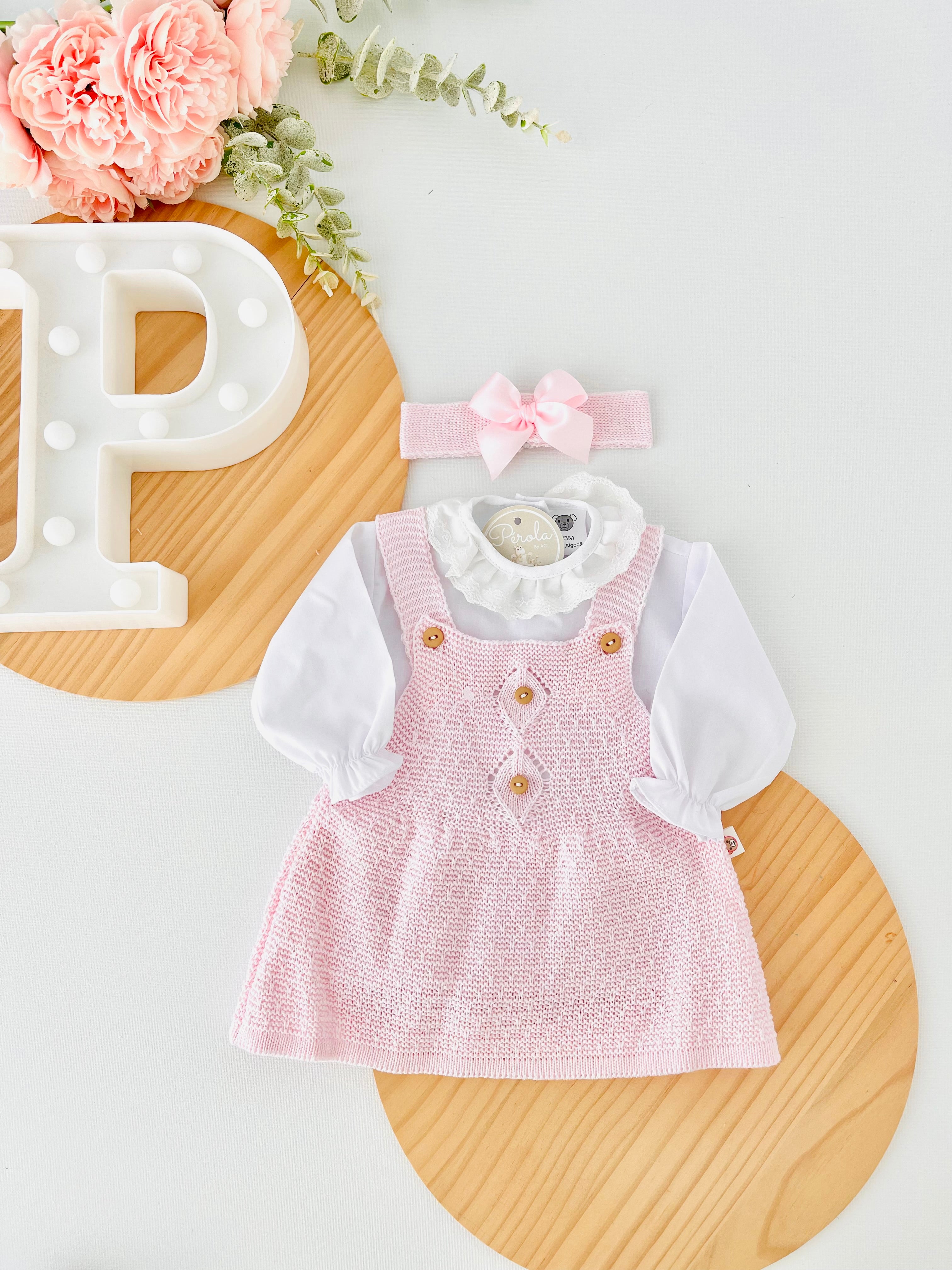 Conjunto rosa : vestido, blusa e fita com laço
