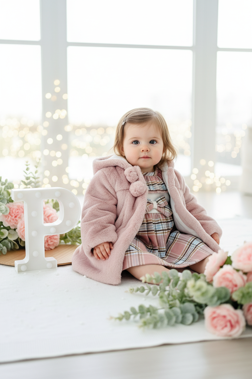 Conjunto Bela: casaco de pêlo comprido e vestido