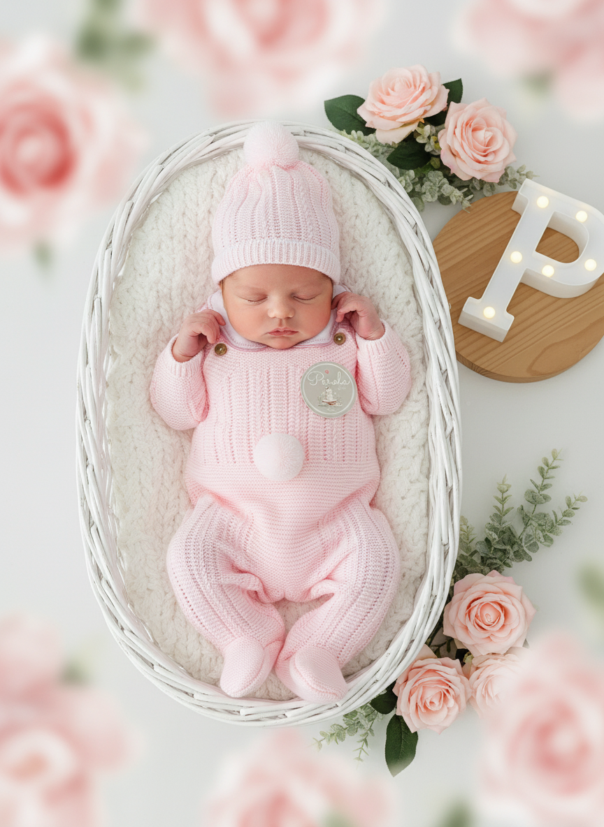 Conjunto Pompom ROSA : jardineiras, camisola e gorro