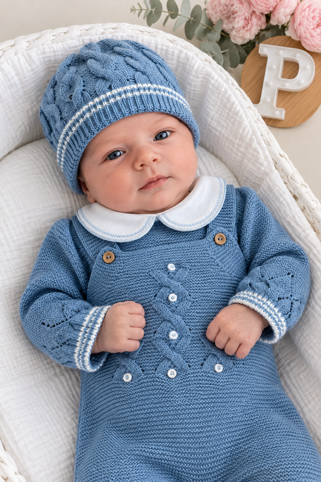Saída de maternidade azul cobalto : jardineiras, camisola e gorro malha quentinha