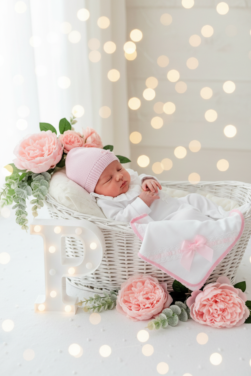 Pack 3 peças Branco/ROSA: Babygrow, gorro malha e fralda