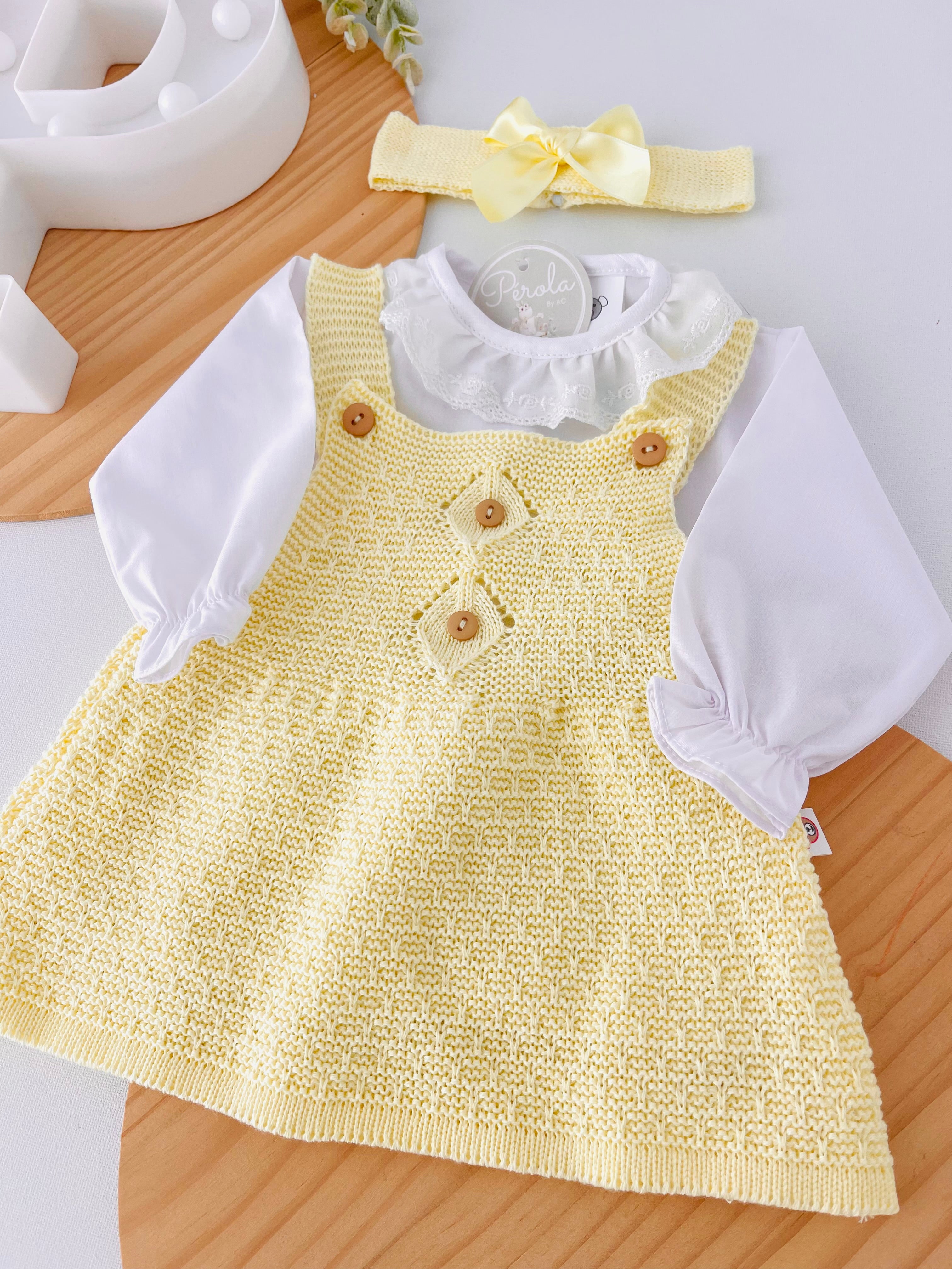 Conjunto Amarelo : vestido, blusa e fita com laço
