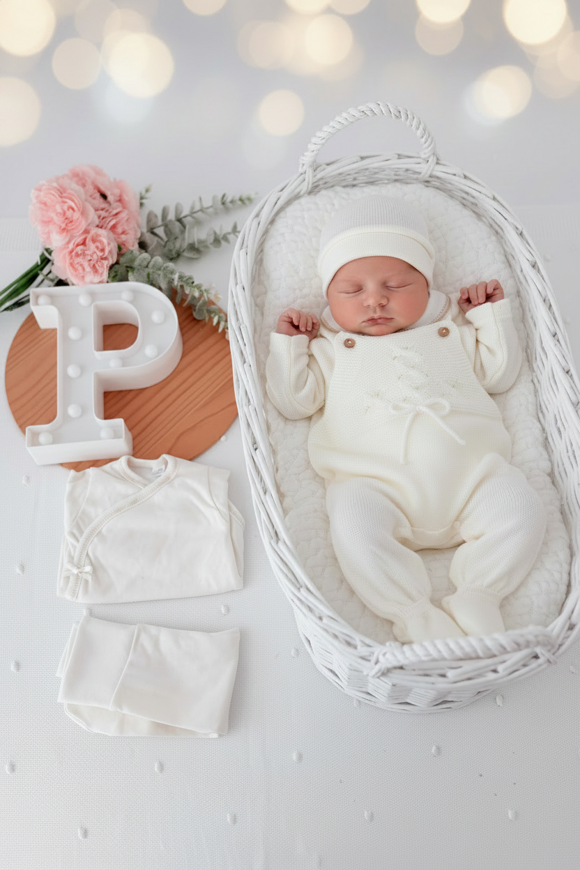 Pack saída de maternidade Pérola 5 peças: body, calças, jardineiras, camisola e gorro