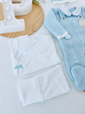 Pack saída de maternidade Azul 5 peças: body, calças, jardineiras, camisola e gorro