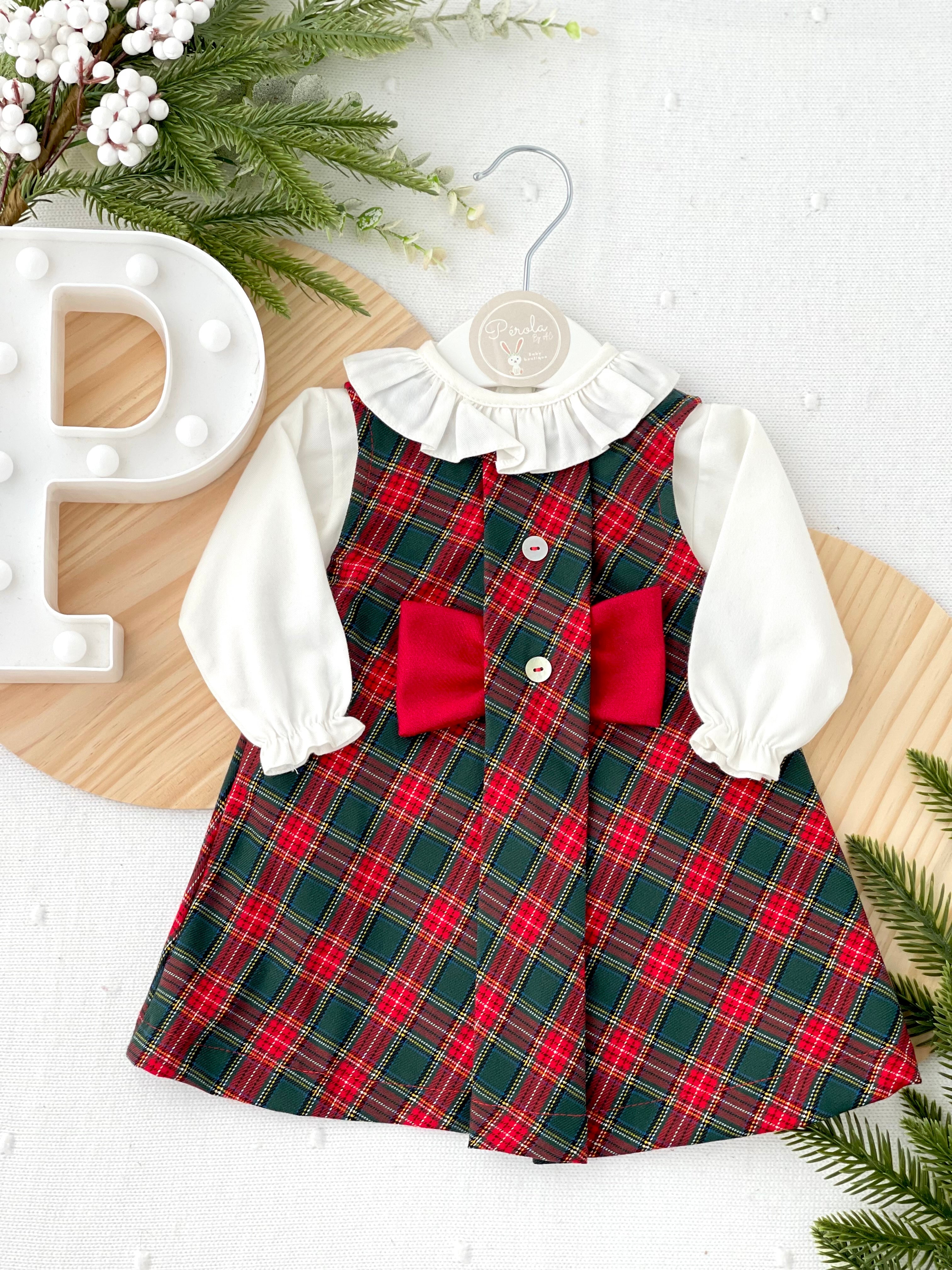 Conjunto laço verde: vestido xadrez  e camisa