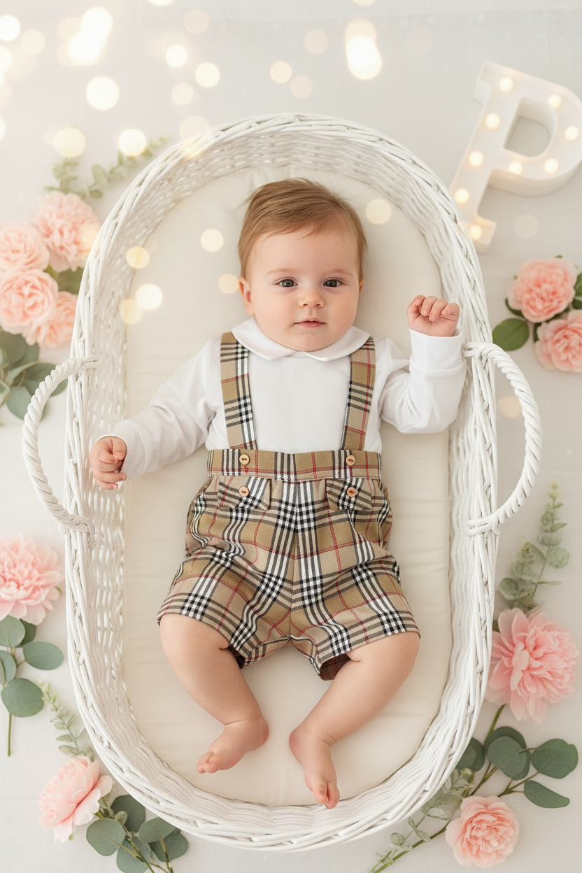 Conjunto menino xadrez estilo Burberry: Calções com alças e camisa