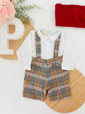 Conjunto menino xadrez estilo Burberry: Calções com alças e camisa