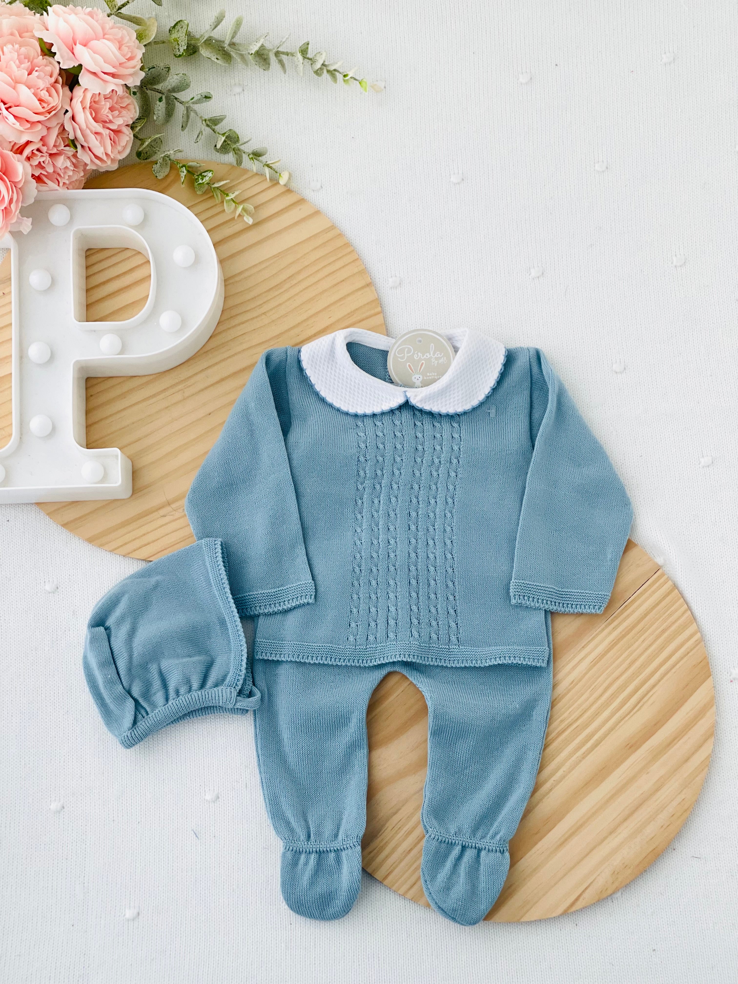 Conjunto malha fina: camisola,calças e touca Primavera/Verão