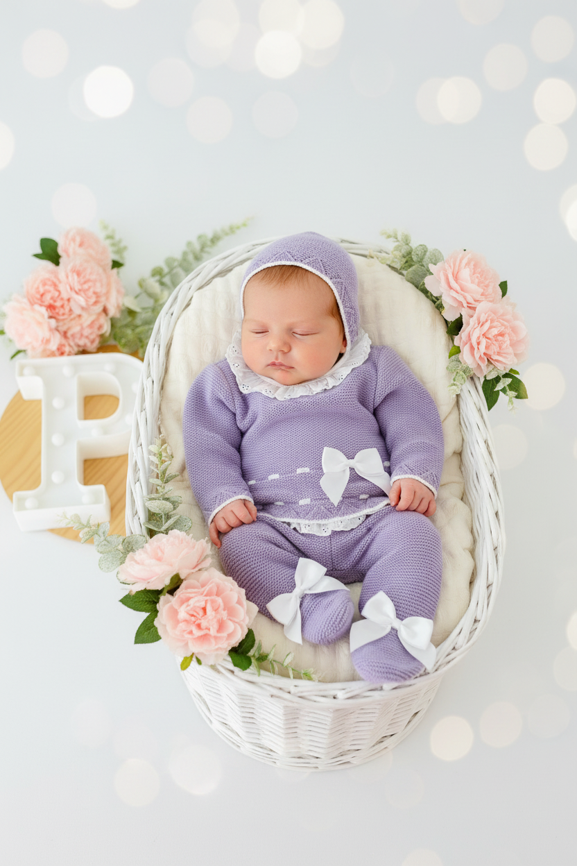 Conjunto rendinha lilás: camisola, calças e touca