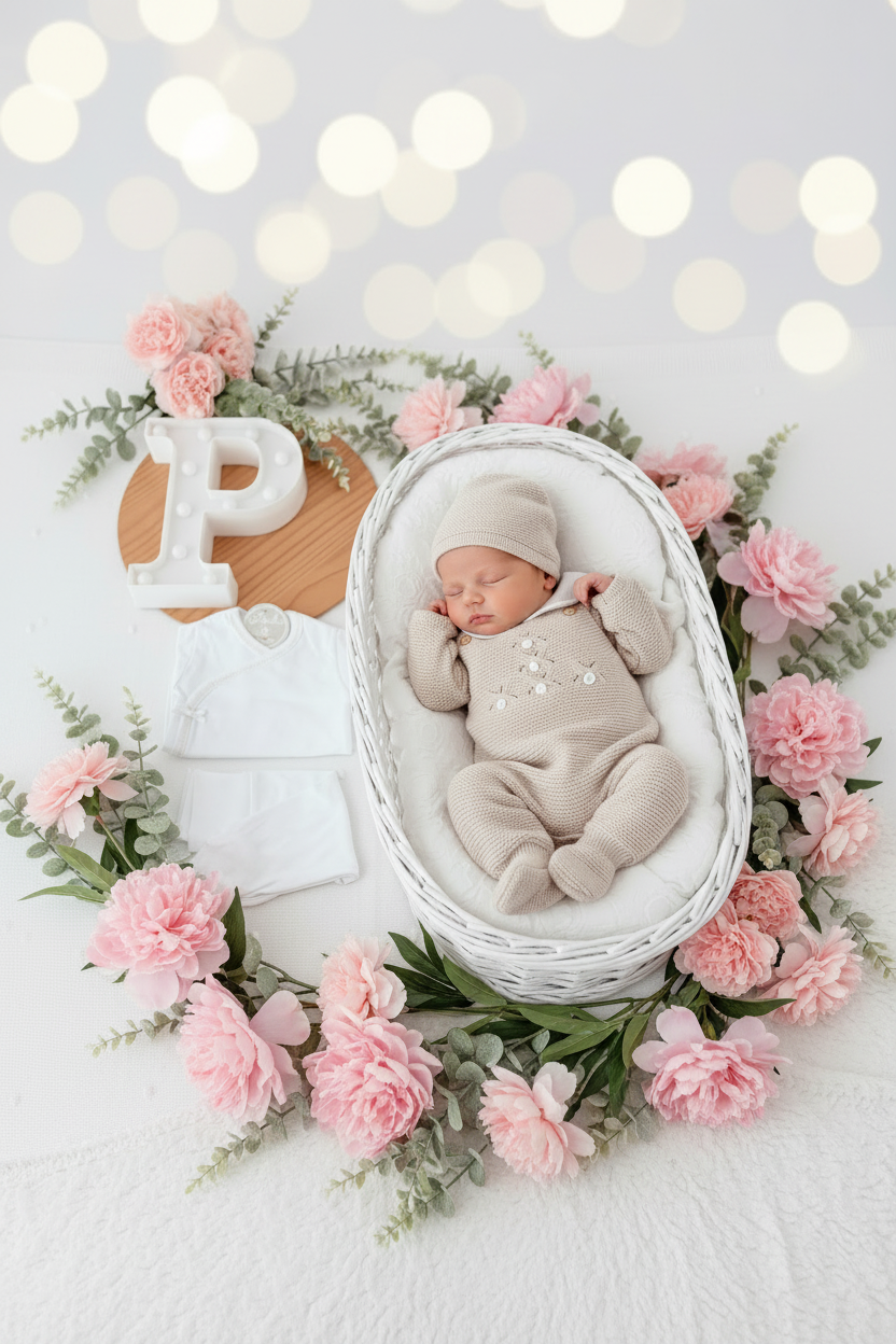 Pack saída de maternidade Bege 5 peças: body, calças, jardineiras, camisola e gorro
