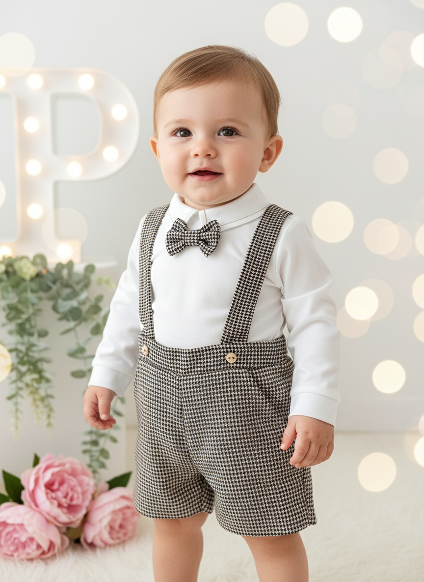 Conjunto xadrez castanho  menino: calções, camisa e laço xadrez