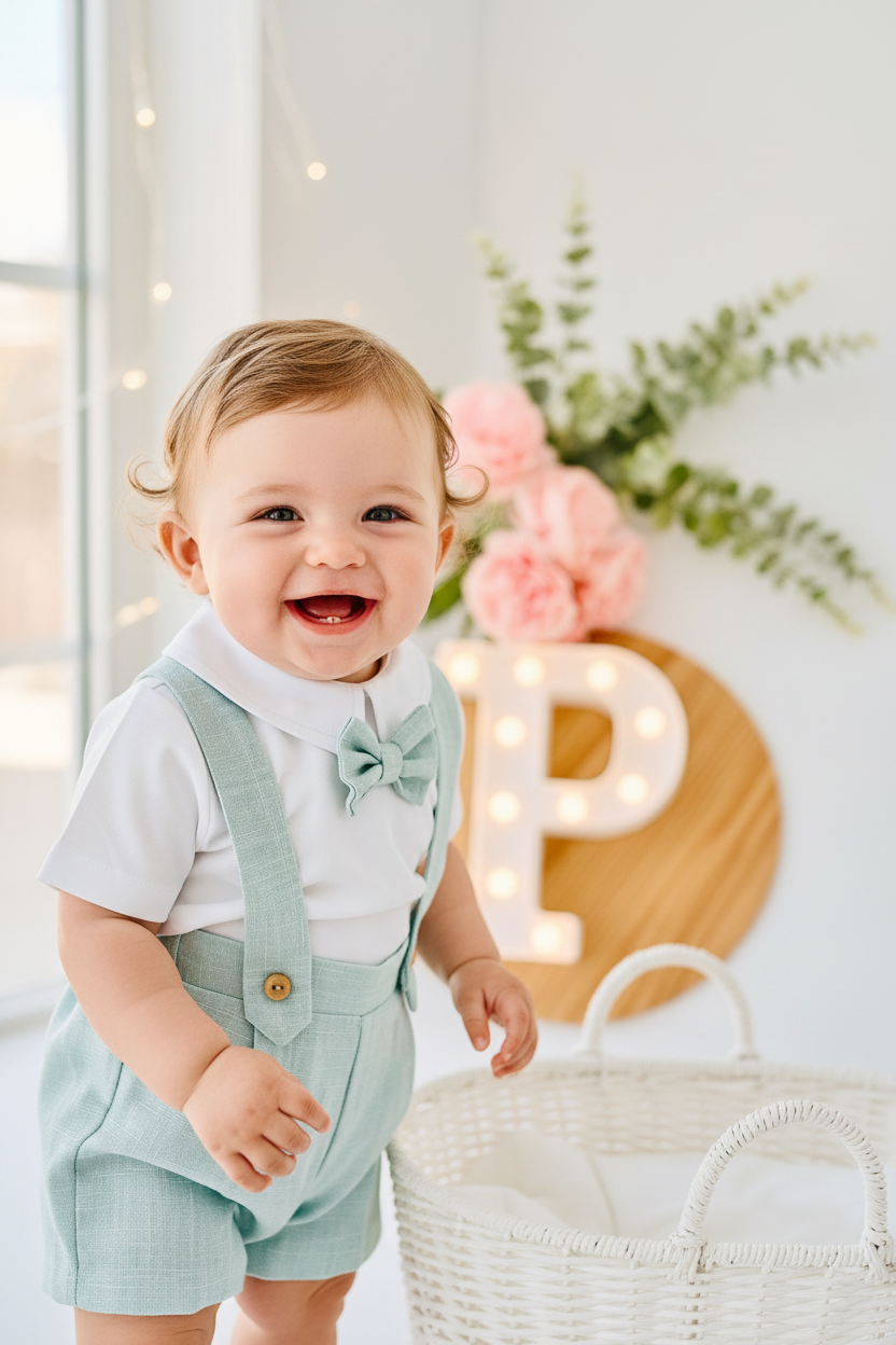 Conjunto cerimónia para menino: calções, camisa e laço