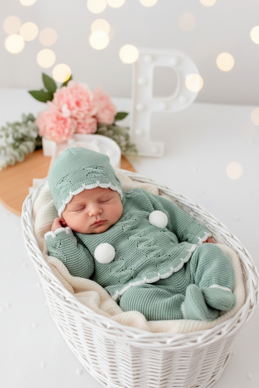 Conjunto pompons: camisola, calças e gorro Outono Inverno