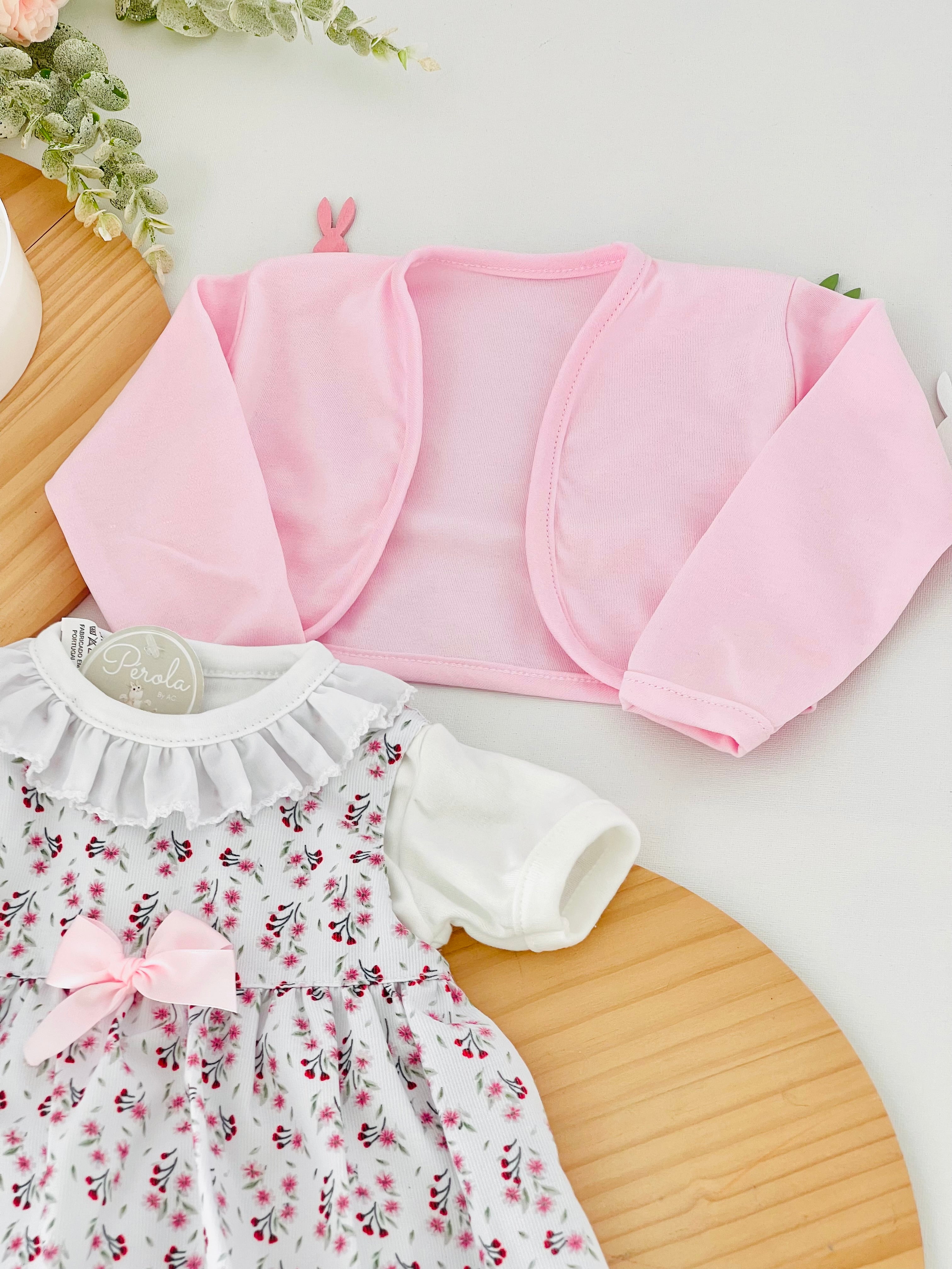 Conjunto algodão: casaco, vestido e camisola com golinha