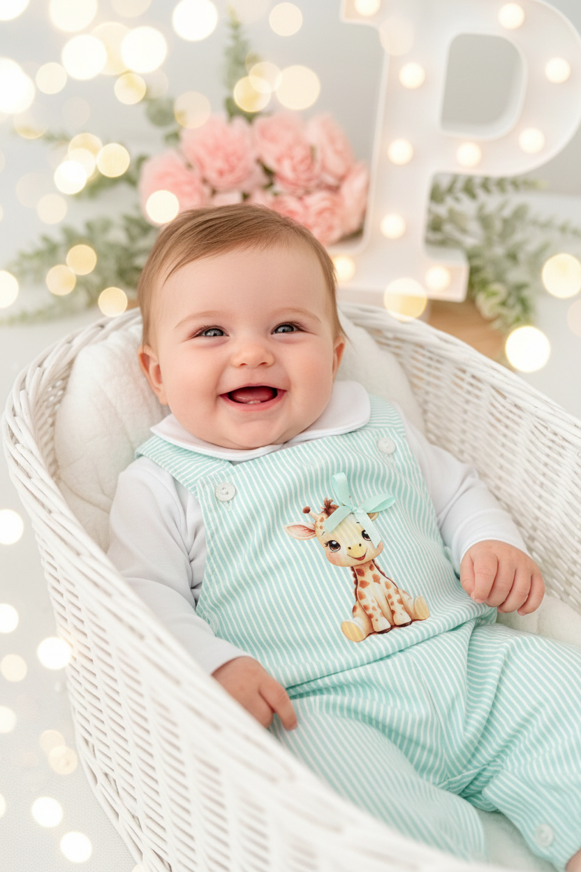 Conjunto girafa verde: Jardineiras e camisola 3-12M