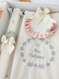 Conjunto para Batizado: vela Quadrada , toalha e concha- Pomba Prateado