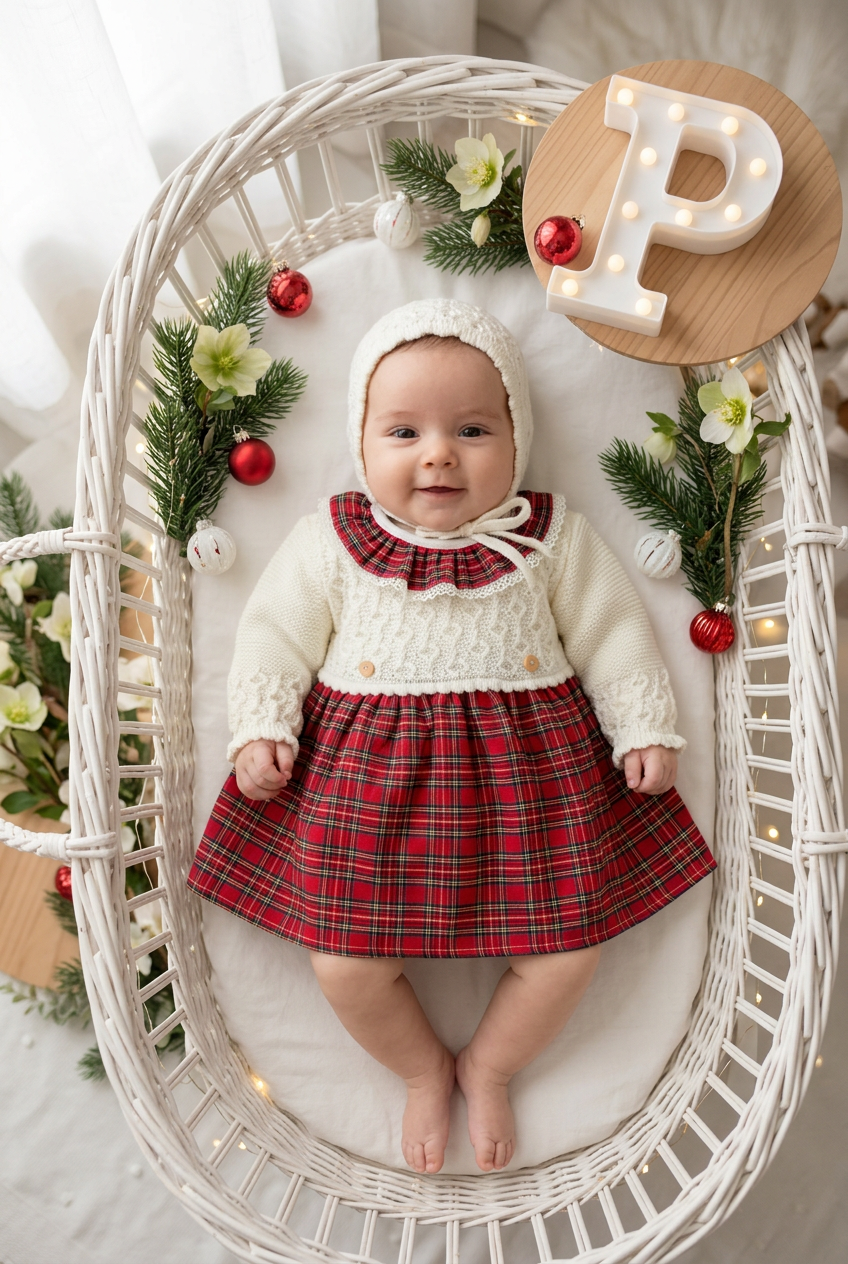 Vestido e touca de malha pérola