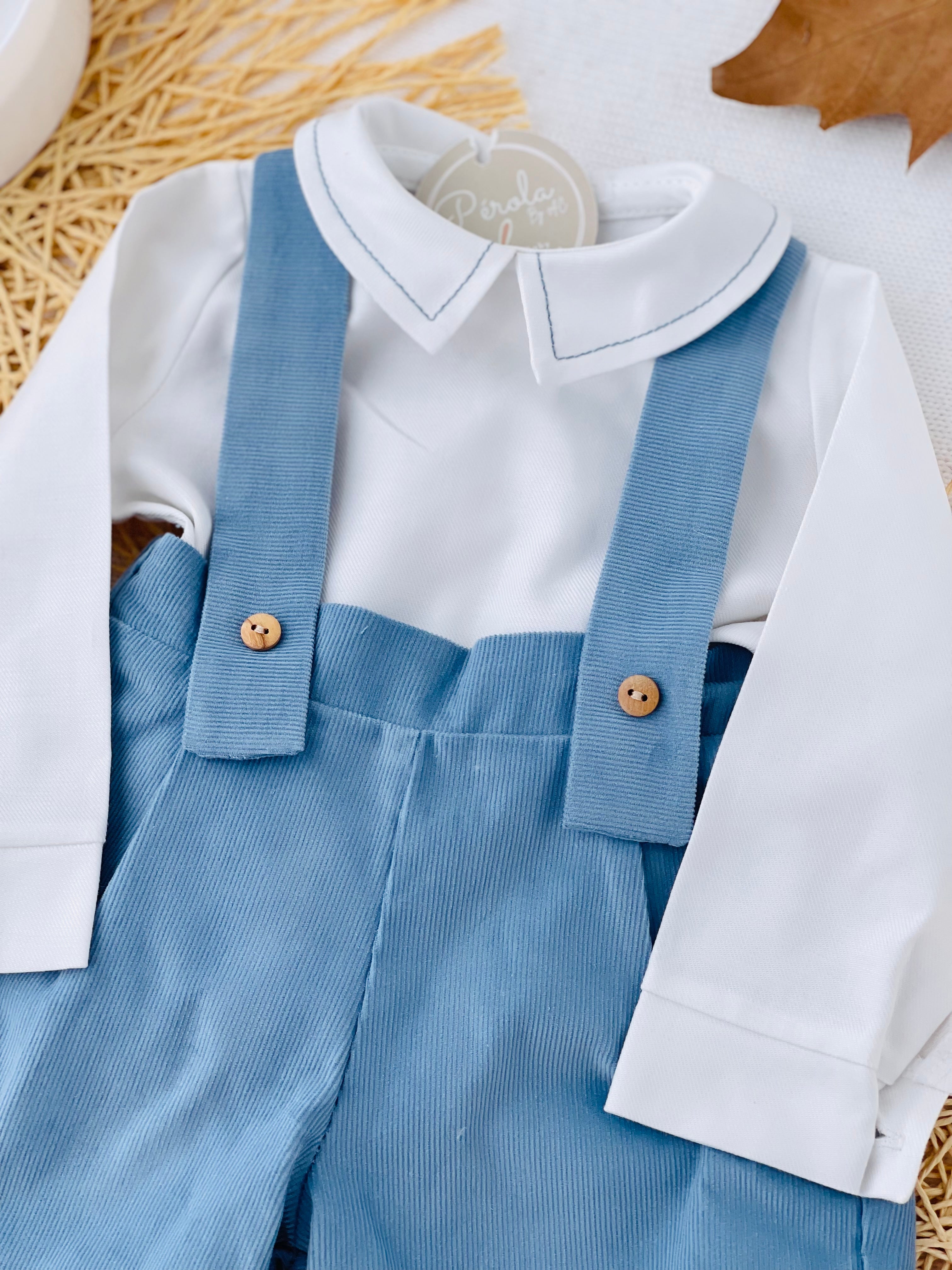 Conjunto menino azul: Calções bombazine e camisa- Outono/Inverno