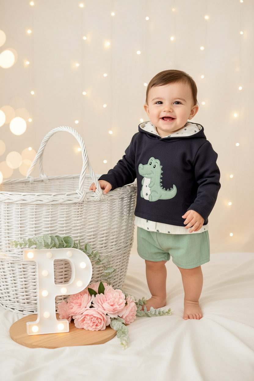 Conjunto dinossauro menino: camisola com capuz e calções