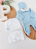 Pack saída de maternidade Azul 5 peças: body, calças, jardineiras, camisola e gorro