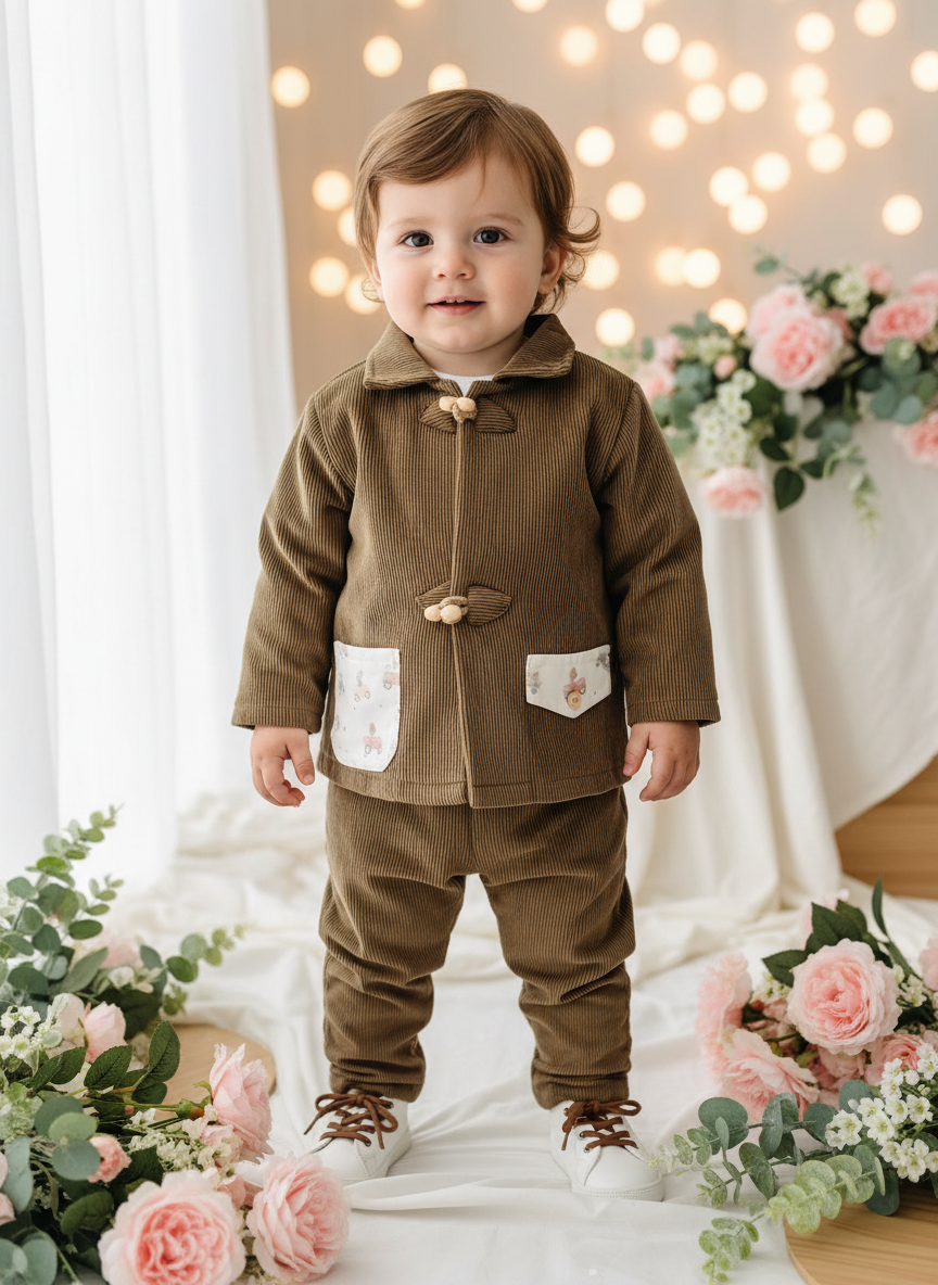 Conjunto menino bombazine 3 peças: casaco, calças e camisola