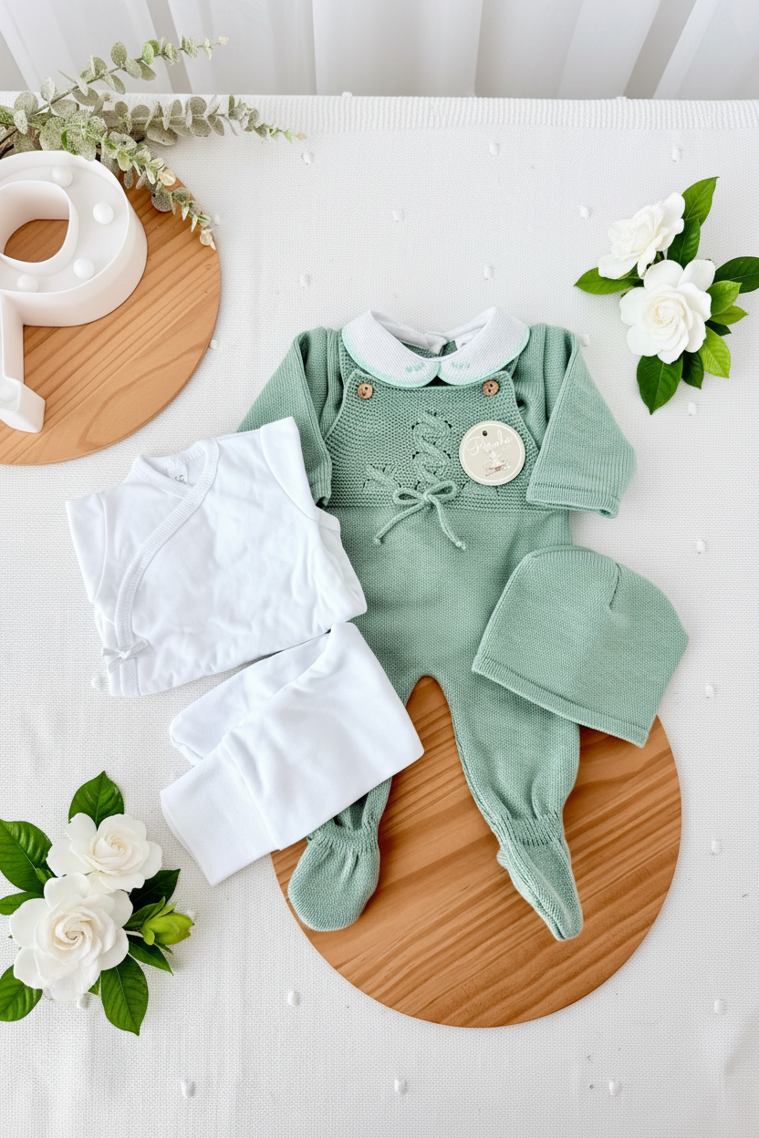 Pack saída de maternidade verde 5 peças: body, calças, jardineiras, camisola e gorro