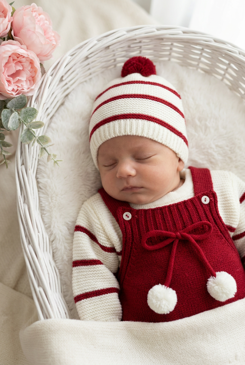 Conjunto risquinhas vermelho : jardineiras, camisola e gorro