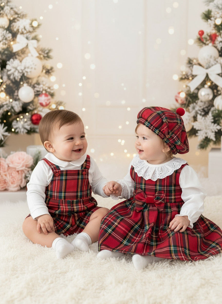 Conjunto Menino Tartan Vermelho e Preto - Jardineiras Calções e Camisa