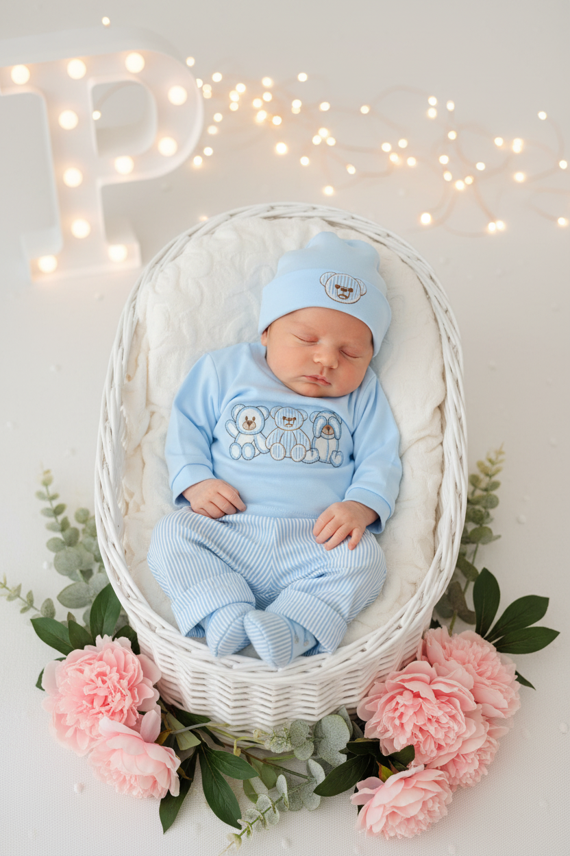 Conjunto algodão menino 4 peças : calças, camisola, carapins e gorro