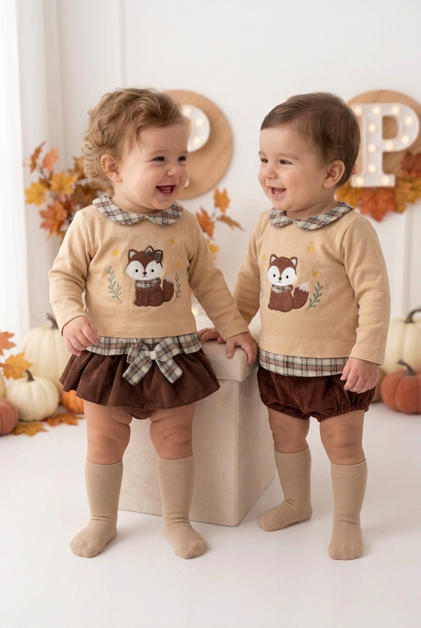 Conjunto raposa: camisola e saia/tapa fraldas