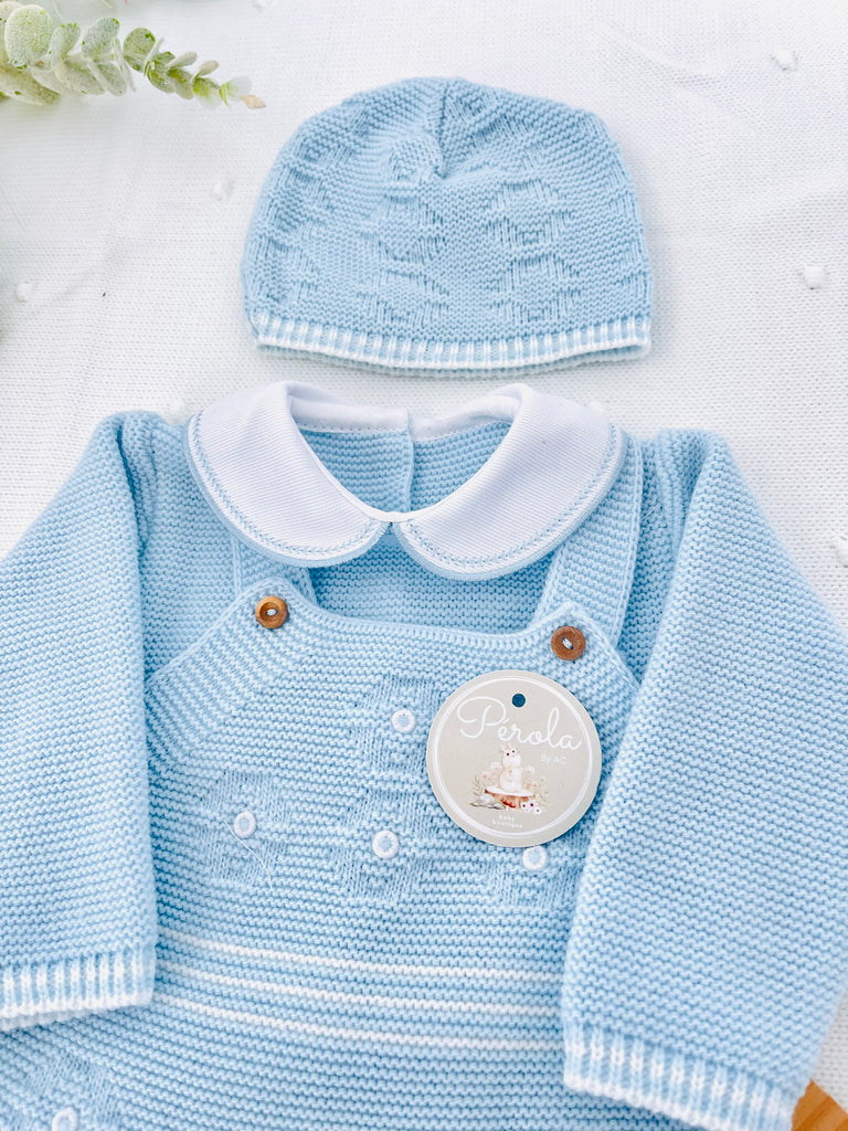 Pack saída de maternidade Azul 5 peças: body, calças, jardineiras, camisola e gorro