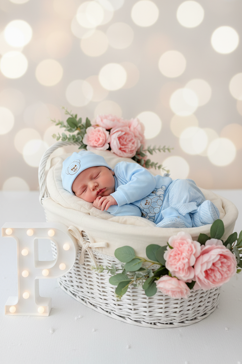 Conjunto algodão menino 4 peças : calças, camisola, carapins e gorro