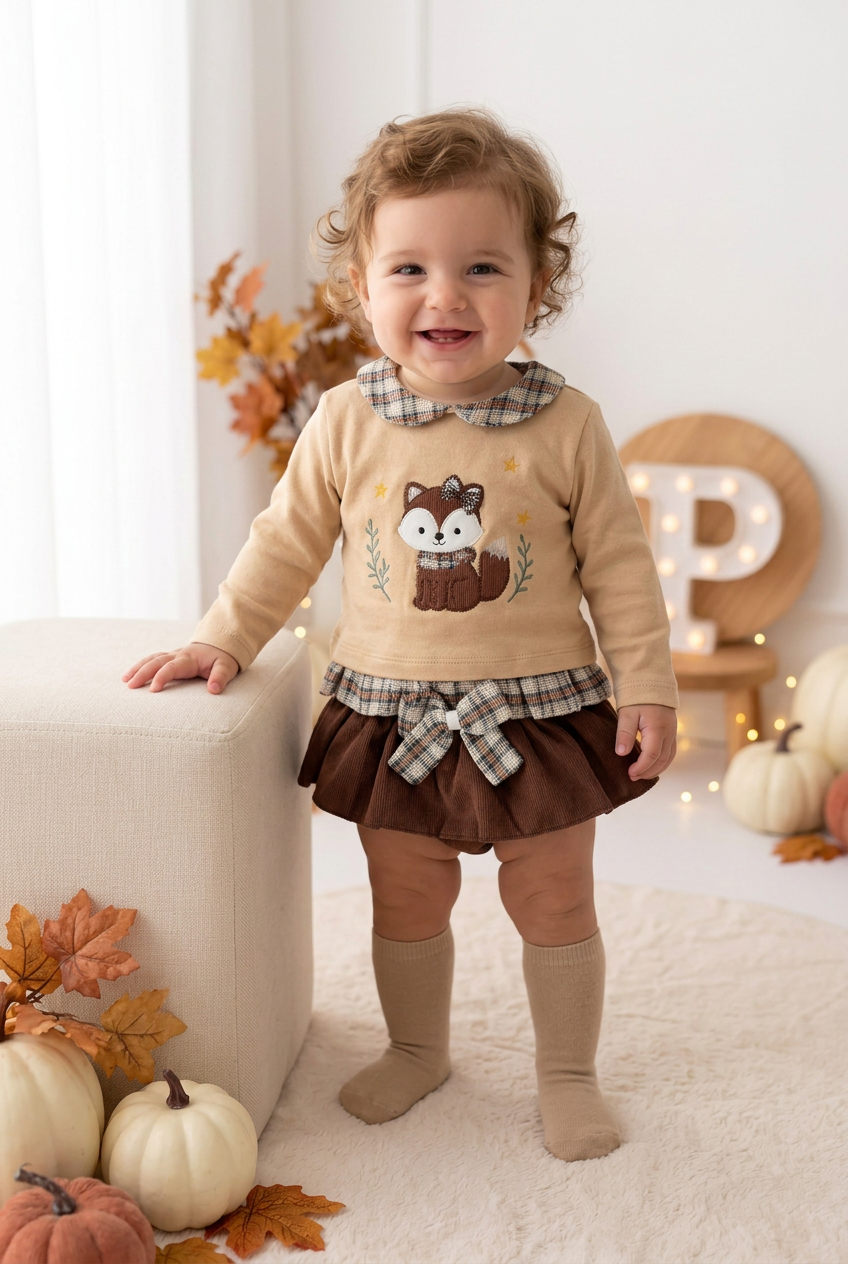 Conjunto raposa: camisola e saia/tapa fraldas
