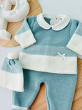 Conjunto malha riscas unissexo: camisola, calças e gorro