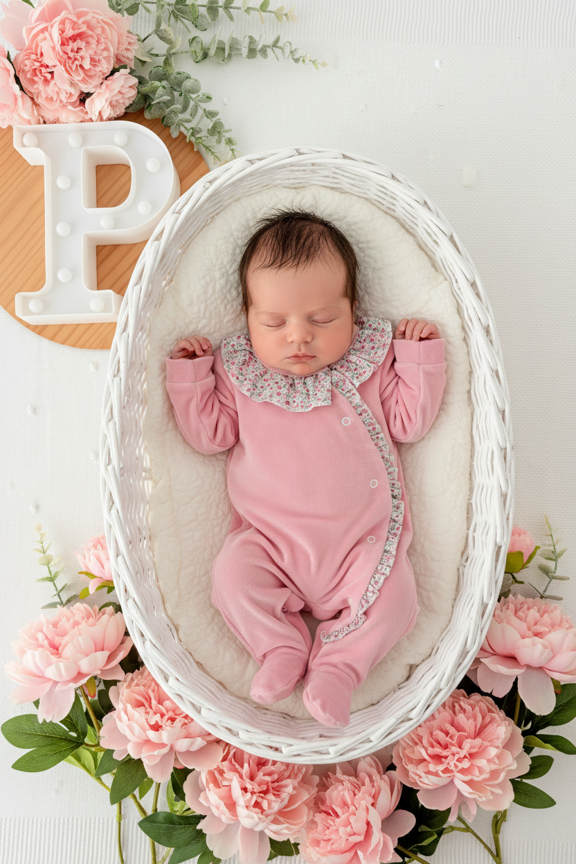 Babygrow tema flores em VELUDO Rosa velho